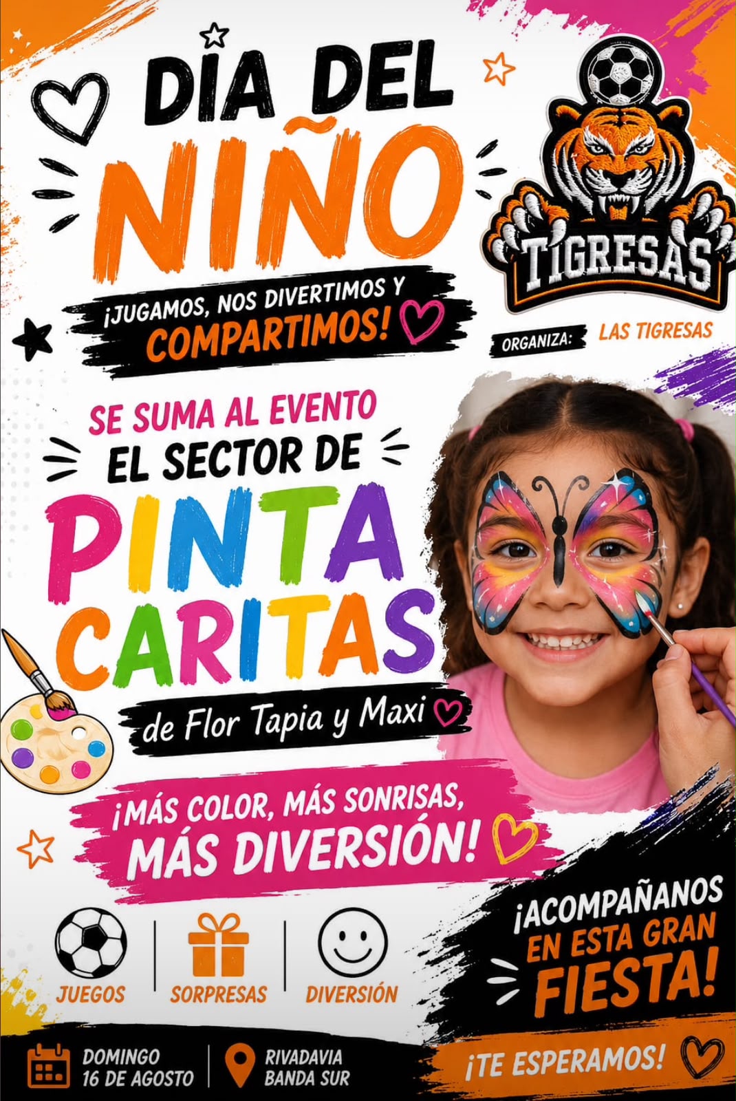 Invitación al sector de pintacaritas de la celebración organizada por Las Tigresas