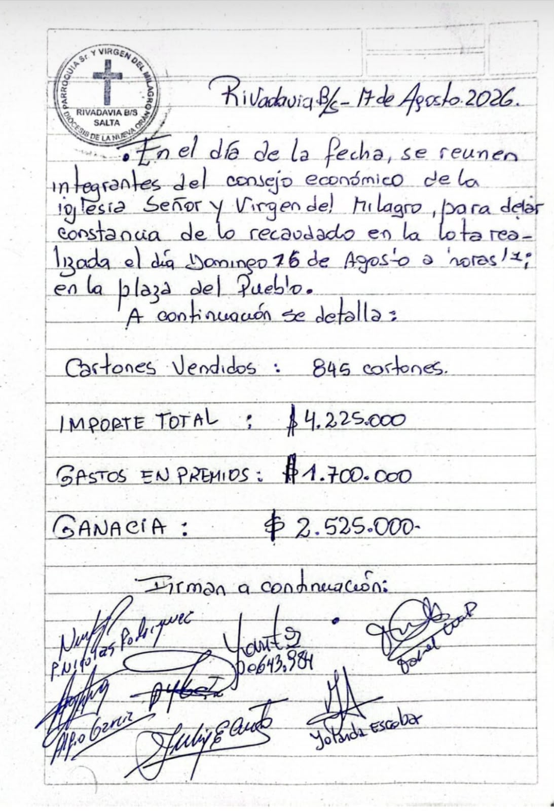 Balance de la lota a beneficio de la Parroquia Señor y Virgen del Milagro