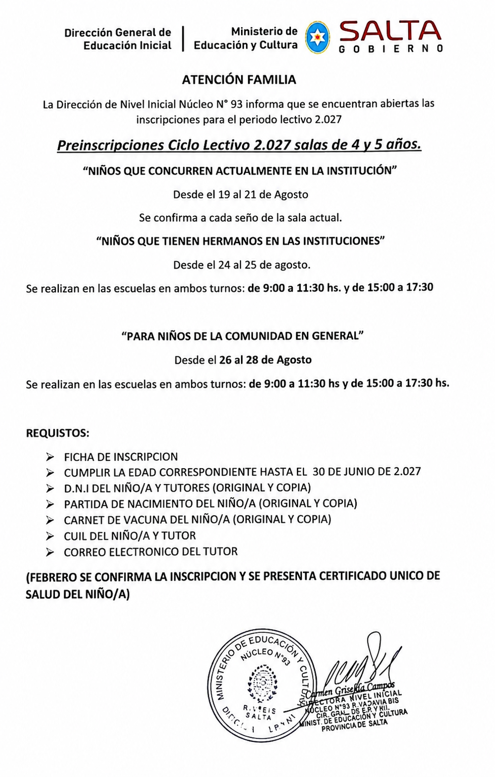 Aviso completo de preinscripciones 2027 del Núcleo N.º 93